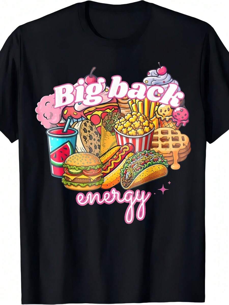 Camiseta divertida con diseño retro de los 90 y 2000 que evoca la comida rápida nostálgica.|Energético eslogan en la espalda, estampado con hamburguesas, papas fritas, pizza y dulces - Ropa casual unisex para adultos, corte 100% oversize (tallas S-XXXL) - Ropa de fiesta temática retro de los 90 y 2000, lavable a máquina, 100% algodón. - Negro - Ver 1