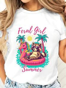 Plus Size T Shirt Girl Summer Raccoon On Unicorn Float With Palm Trees And Sun Design For Beach Vacation Party And Summer Outings 220g - 白色 - 查看 2