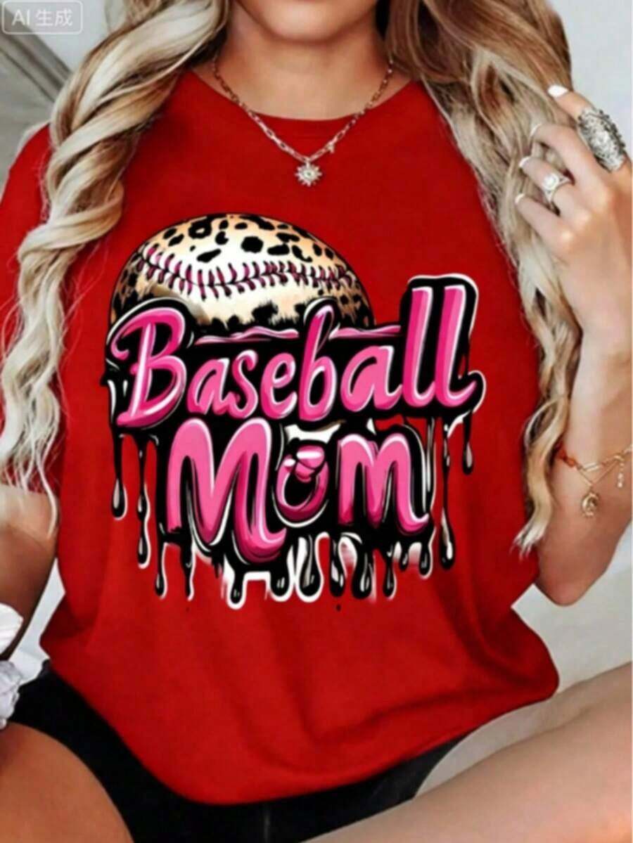 Camiseta de Mujer con Estampado de Mamá Béisbolista - Camiseta de Manga Corta con Cuello Redondo y Diseño de Estampado de Leopardo y Efecto de Gota de Agua, Negra con Letras Rosadas, Tela Suave y Transpirable, Regalo Perfecto para el Día de la Madre o para Uso Casual, Camiseta de Mamá Béisbolista, Estilo, Blusa Casual para Mujer, Playeras de Mujer de Algodón - Rojo - Ver 1