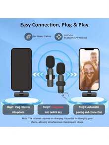 Wireless Lavalier Microphone For Smartphone, Plug-Play Wireless Microphone For Video/Audio Recording, Clip On Lapel Mic For Interview/Vlog/Teaching - Black - View 3