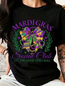 Mardi Gras Social Club Let The Good Times Roll Festival Shirt With Mask And Beads Design For Carnival Celebration Party WearPlayera Holgada para Mujer - Negro - Ver 7