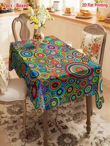 1/2 piezas Mantel, Mantel con patrón de círculos concéntricos multicolor, hecho de fibra de poliéster, adecuado para cocina, comedor, mesa de café, mesa de comedor, picnic, camping, decoración de granja campestre, disponible en forma cuadrada o redonda, protección para la mesa, decoración navideña, aplicable en múltiples escenarios - Multicolor - Ver 15