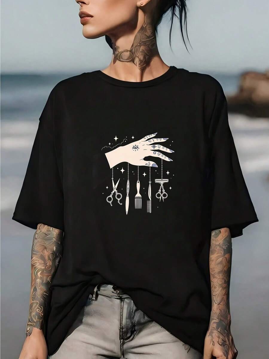 Camiseta Estampada de Moda para Mujer - Un Regalo Perfecto para Halloween y el Día de Acción de Gracias - Camiseta Suave y Cómoda, Ideal para Actividades de Team Building y Reuniones Familiares, Diseño de Corte de Pelo Único - Negro - Ver 1