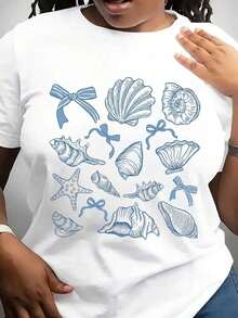 Camiseta Moderna Minimalista con Conchas Marinas, Camiseta Retro de Verano, Camiseta de Playa, Camiseta con Lazo Coqueta, Camiseta Casual de Uso Diario - Blanco - Ver 7