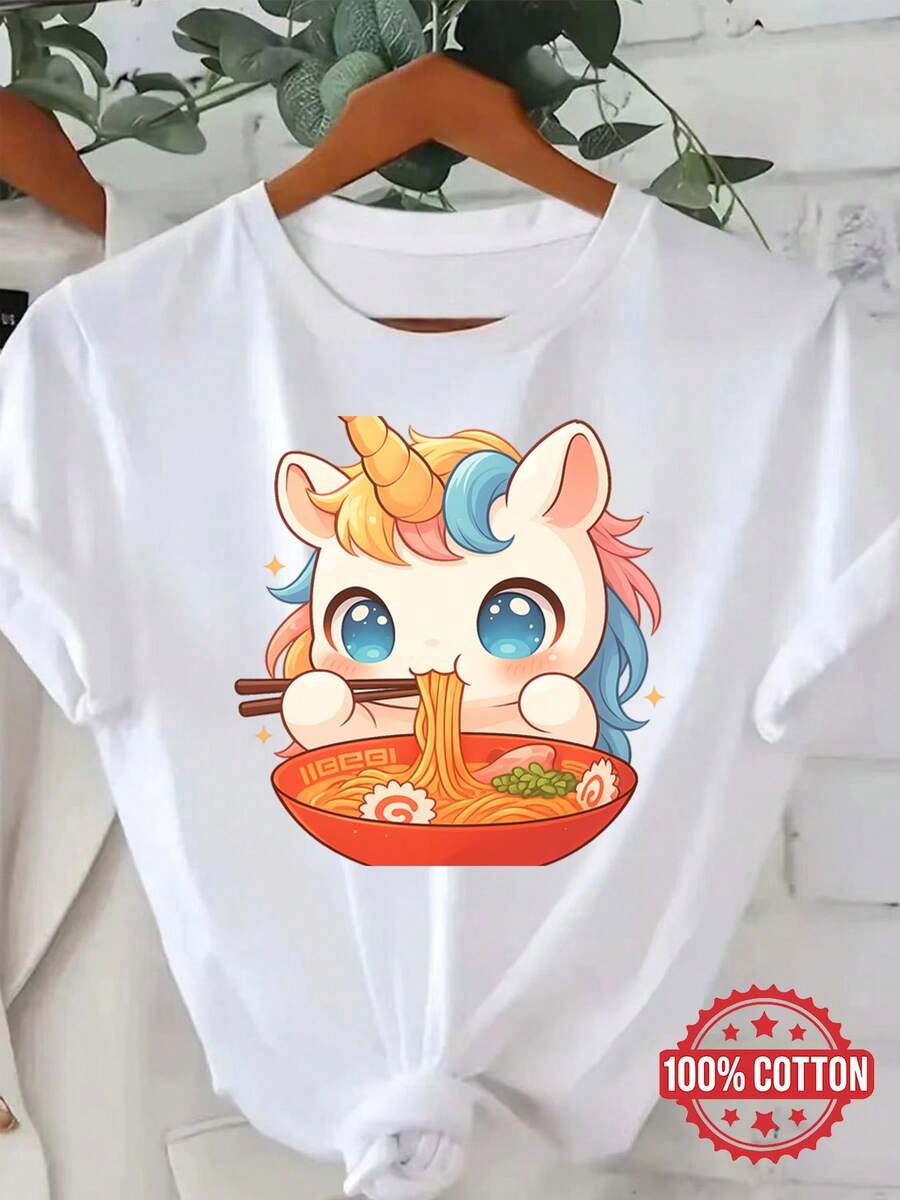 Camiseta de Mujer de Cuello Redondo con Diseño de Unicornio Kawaii Comiendo Ramen, Moda y PopularDaily Casual Round Neck Short Sleeve-Shirt Women - Blanco - Ver 1