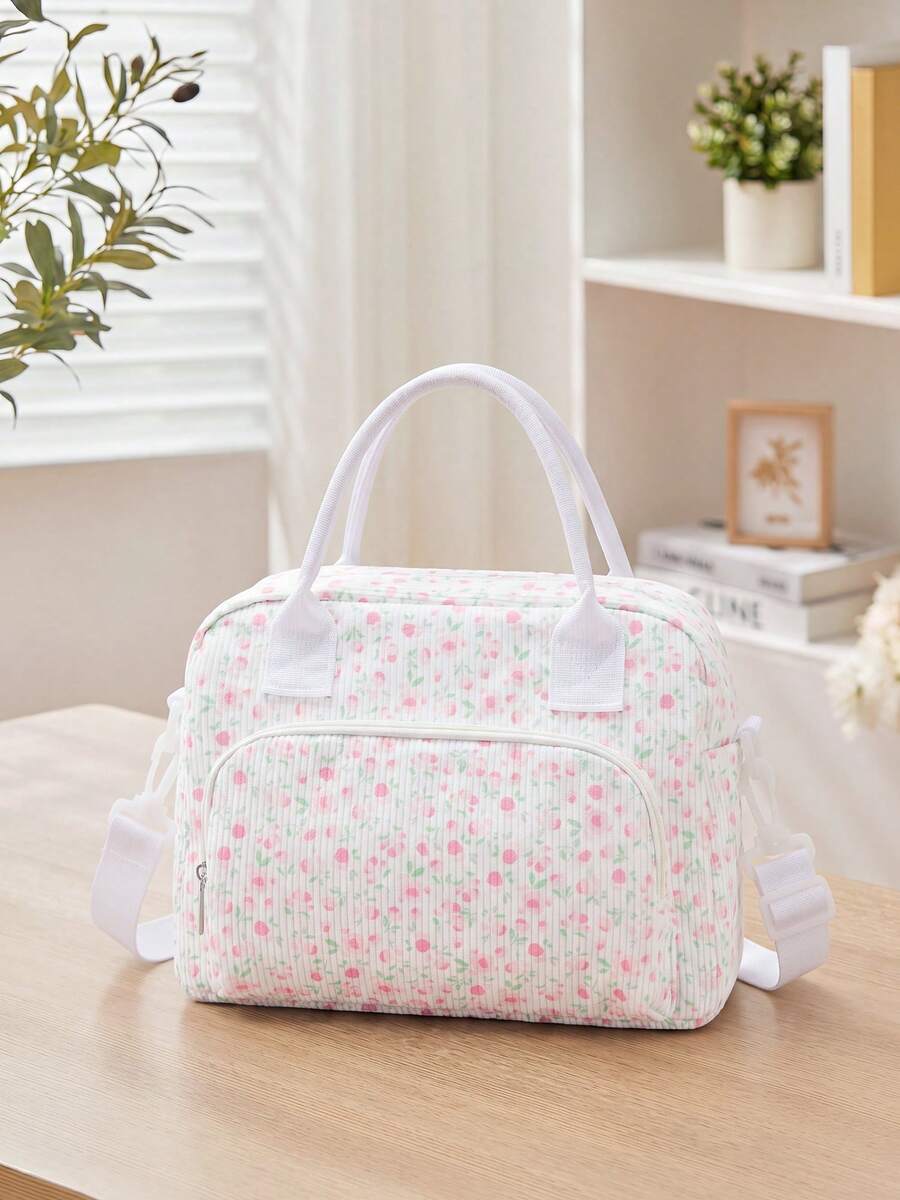 Insulated Lunch Bag For Women Men Waterproof Thermal Insulated Lunch Box Bento Pouch Dinner Insulation Bag Student Thickened – Cute Floral, Bow & Strawberry Print, Corduroy Lunch Tote With Handle & Zipper, Large Capacity Cooler Bag For Work, School, Picnic, Camping, Perfect Christmas Gift For Family, Friends, Teachers & Moms - 粉紅玫瑰 - 查看 1