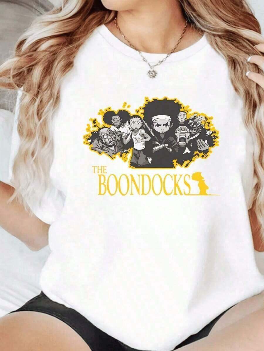 Camiseta Casual The Boondocks 1 pieza para mujer, 100% algodón, con estampado gráfico, manga corta, corte holgado, cuello redondo, estampado digital, para uso diario. - Blanco - Ver 1