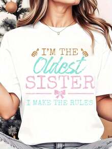 Camiseta de Mujer "Soy la Hermana Mayor, Yo Freno las Reglas" con Estampado Gráfico, Cuello Redondo, Uso Diario Casual, Suave y Cómoda, Camiseta para Vacaciones 220g Playera Holgada para Mujer - Blanco - Ver 1