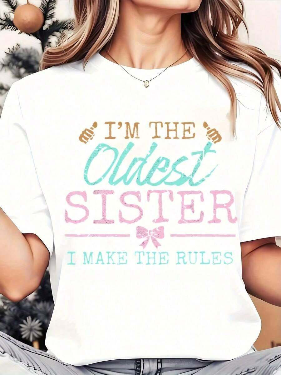 Camiseta de Mujer "Soy la Hermana Mayor, Yo Freno las Reglas" con Estampado Gráfico, Cuello Redondo, Uso Diario Casual, Suave y Cómoda, Camiseta para Vacaciones 220g Playera Holgada para Mujer - Blanco - Ver 1