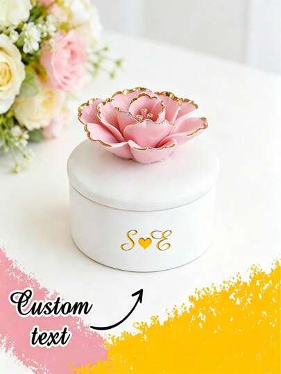 Hộp đựng trang sức/nhẫn bằng gốm sứ khắc hoa theo yêu cầu/Hộp đựng phụ kiện nhỏ khắc tên cá nhân/Hộp đựng trang sức/Trang trí nhà cửa/Hộp đựng trang sức/Hộp chứa đồ/Đám cưới/Đồ cưới/Quà cưới/Hộp đựng kỷ niệm hoa hồng/Quà tặng phù dâu/Trang trí bàn trang điểm lãng mạn.