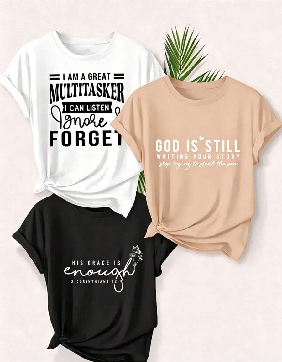 3 Artículo de moda: Camiseta casual de manga corta para mujer, con estampados como "Soy una excelente persona multitarea", "Dios aún está escribiendo tu historia" y "Su gracia es suficiente". Camiseta de mujer de manga corta con cuello redondo, de algodón puro, transpirable, estilo casual deportivo, ideal como regalo para las fiestas. Camiseta para mujer. - Blanco - Ver 1