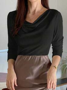 Blusa básica de mujer con cuello drapeado, elegante, de manga larga, para salir, tops de otoño - Negro - Ver 4