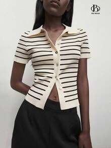 Suéter de punto con botones a rayas y cuello de solapa para mujer, blusa de punto para el trayecto urbano, atuendo casual de negocios, ropa elegante para mujer para la oficina, polo de vestir casual para mujer, blusas de verano para mujer - Albaricoque - Ver 7