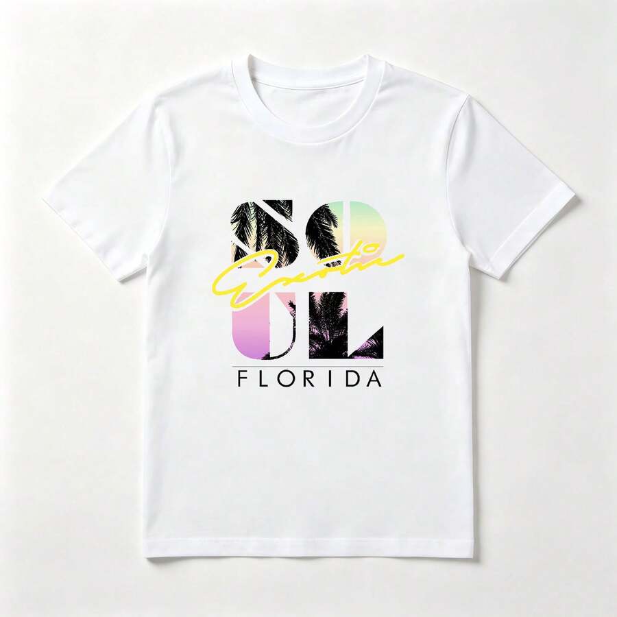 Letras Tropicales Playera de Algodón Blanca con Palmeras y Pastel - Blanco - Ver 1