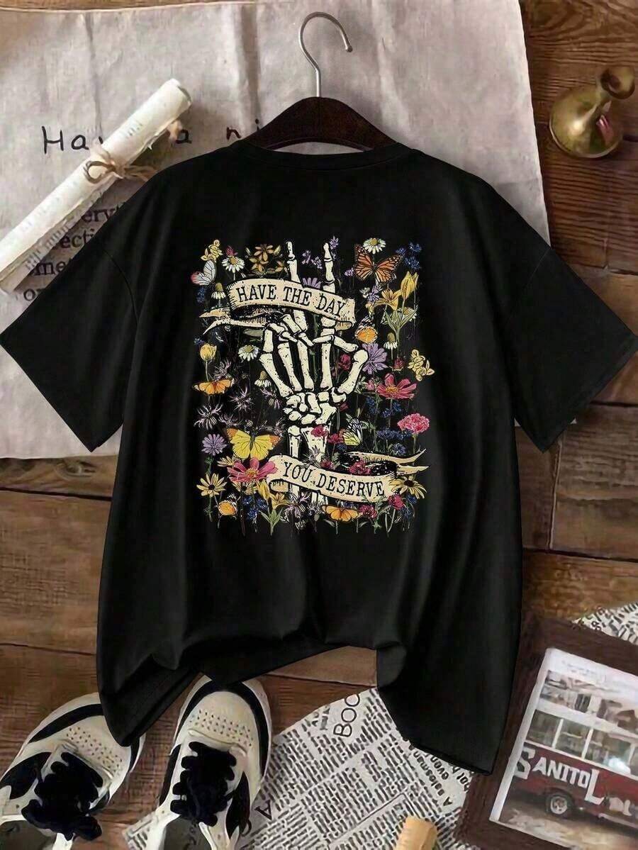 Camiseta de manga corta para mujer, nueva colección de verano 2026: envío local, camiseta estampada de talla, camiseta casual sencilla y elegante para mujer, adecuada para todas las estaciones.% algodón. - Negro - Ver 1