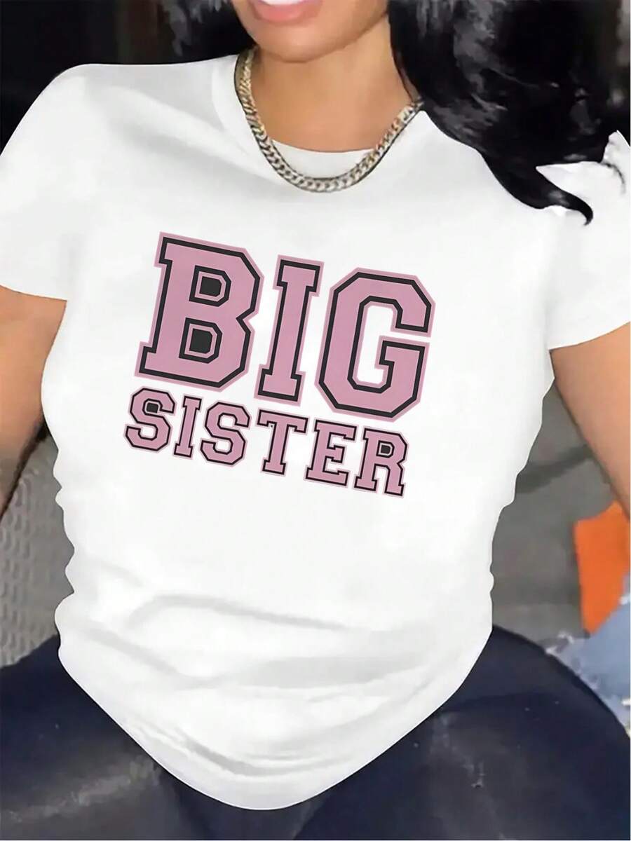 Camiseta de la Hermana Mayor | Ideal para la sala de estar familiar, tela duradera y cómoda, elegante diseño de letras rosas, regalo perfecto para reuniones familiares y uso diario, cuello redondo, tela cómoda, camiseta de manga corta versátil. - Blanco - Ver 1