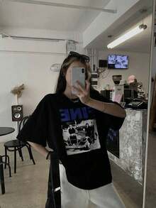 Camiseta casual y holgada de mujer con estampado de letras y bloques de color, camiseta gráfica de verano con diseño oversize, parte superior estilo preppy - Negro - Ver 4