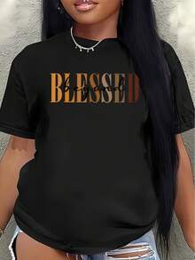 Camiseta de manga corta de poliéster, decorada con estampados de motivos de bendiciones, ligera y duradera, adecuada para el hogar, restaurantes o uso casual al aire libre, cómoda para el uso diario. - Negro - Ver 1