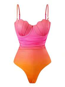 Swim Oasis Conjunto de traje de baño de 2 piezas de moda alta para mujer con falda ajustado con abertura lateral fruncida, ajustable con doble tirante y diseño de concha con degradado de color para primavera/verano - Rosa Fucsia - Ver 3