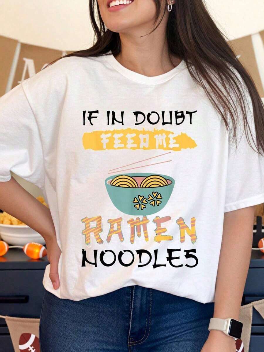 100% algodón, camiseta de mujer. Camiseta gráfica divertida con estampado de comida "Si tienes dudas, dame ramen" para mujer. Camiseta de algodón de corte holgado informal, estilo streetwear, regalo para amantes de la comida. - Blanco - Ver 1