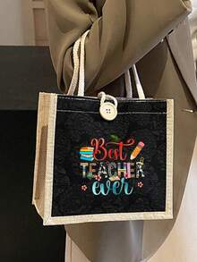 Best Teacher Floral Letter Print Linen Tote Bag, Teacher's Day Gift, Reusable Printed Tote Bag, Casual Commuter Tote Bag - Multicolor - View 20