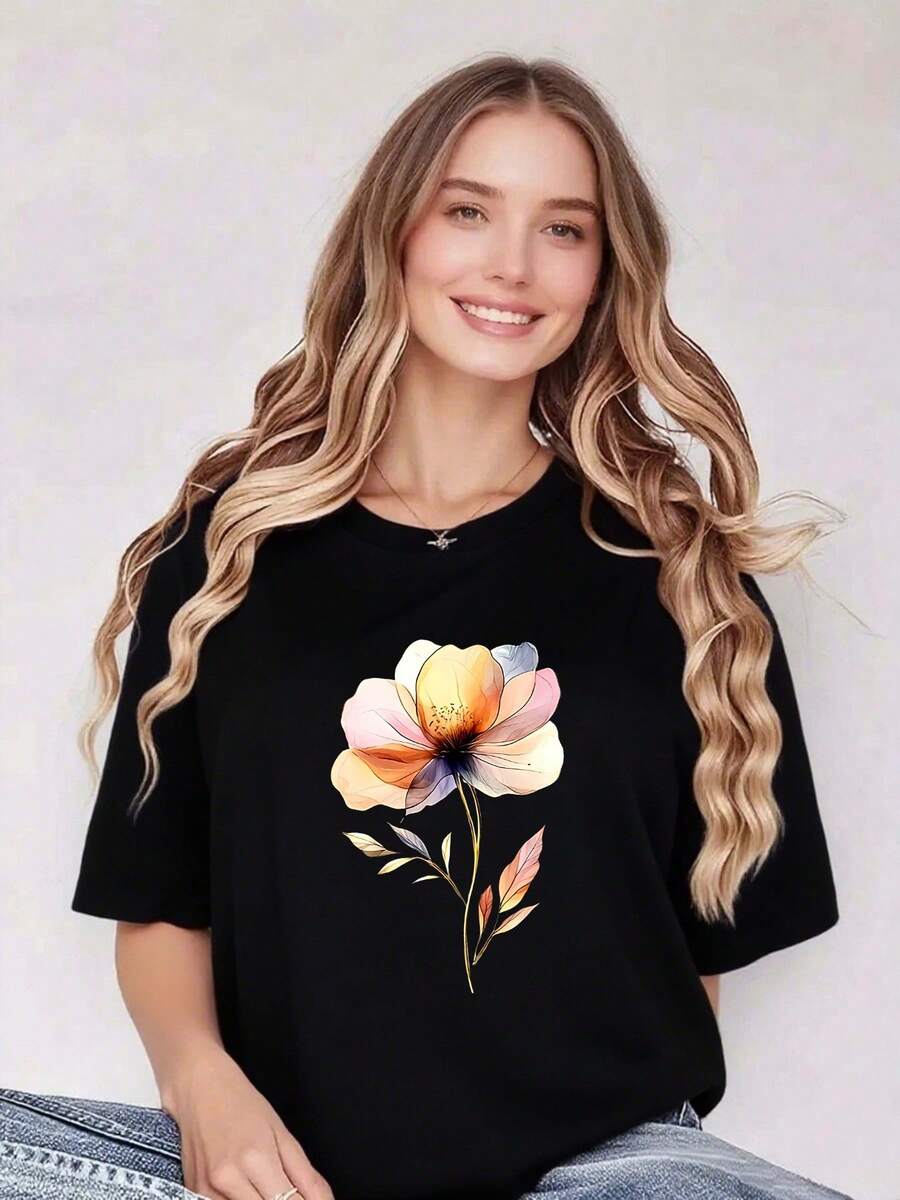 Camiseta de Algodón Puro para Mujer: Floración Etérea: Camiseta de Mujer con Arte Floral de Medianoche - Estilo Moderno - Negro - Ver 1