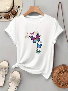 Camiseta de Manga Corta Estilo Coreano - Estampado de Mariposas Multicolor con Cuello Redondo para Verano - Mariposas en Rosa, Azul, Morado, y Dorado - Moda Casual Coreana para Playa, Picnic y Atuendos Informales - Blanco - Ver 1