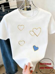 Nuevos Ropa de Mujer para Primavera y Verano - una Camiseta de Manga Corta con Cuello Redondo y un Exquisito Diseño de Patrón de Corazón, Top Elegante y Moderno para Mujer, Hecha de un Tejido Cómodo y Versátil que es Lavable a Máquina - Blanco - Ver 1