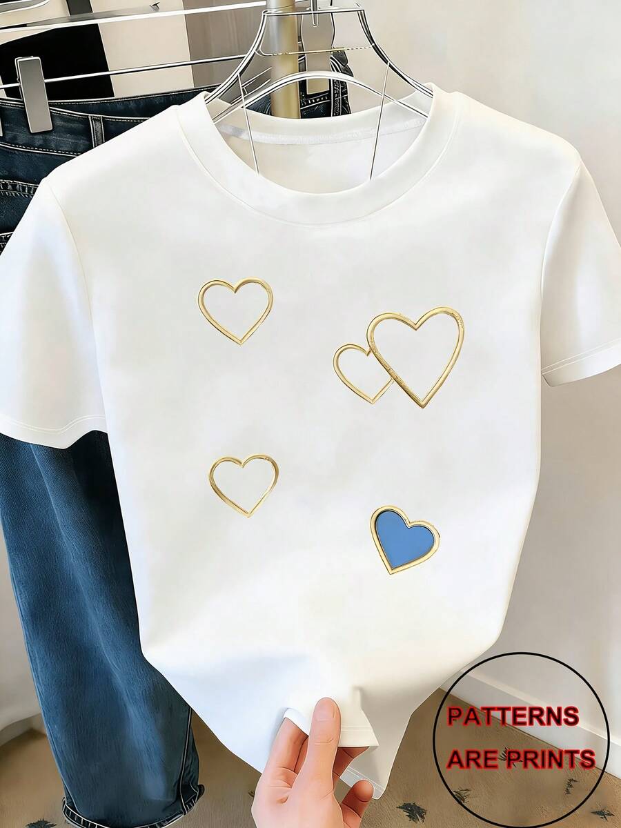 Nuevos Ropa de Mujer para Primavera y Verano - una Camiseta de Manga Corta con Cuello Redondo y un Exquisito Diseño de Patrón de Corazón, Top Elegante y Moderno para Mujer, Hecha de un Tejido Cómodo y Versátil que es Lavable a Máquina - Blanco - Ver 1
