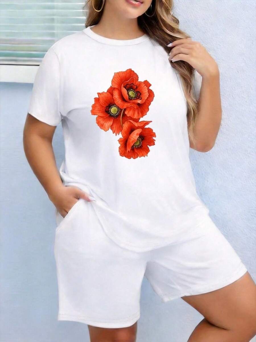 Mujer, Camiseta de cuello redondo, Motivo de amapolas exóticas, tonos rojo vibrante, detalle acuarela, composición asimétrica, estética romántica, textura realista, lavable a máquina, tela resistente, estilo casual, material cómodo, diseño de estampado, ropa casual holgada, combina con jeans, combina con faldas cortas, combina con leggings - Blanco - Ver 1