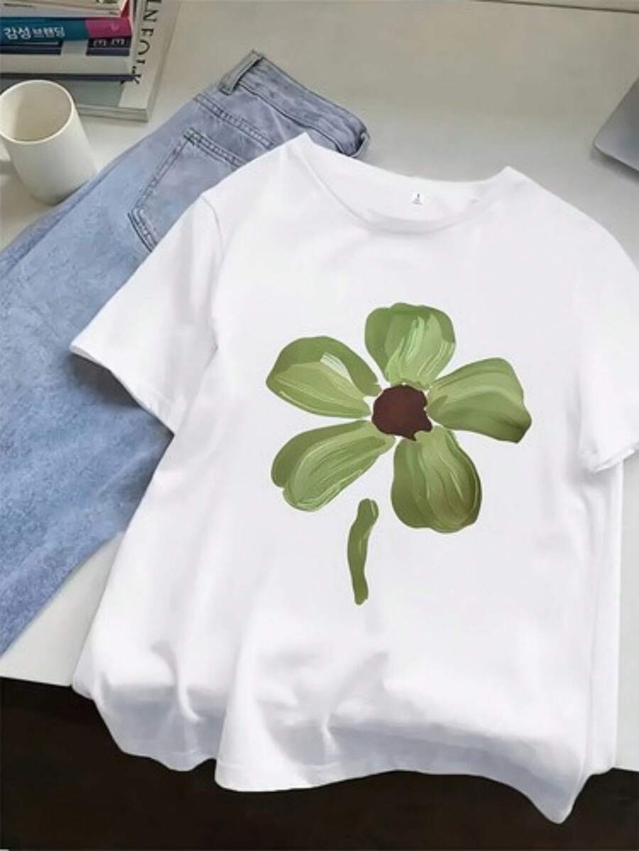 Camiseta de manga corta casual para mujer con cuello redondo y estampado geométrico, talla CA – Camiseta cómoda de verano - Blanco - Ver 1