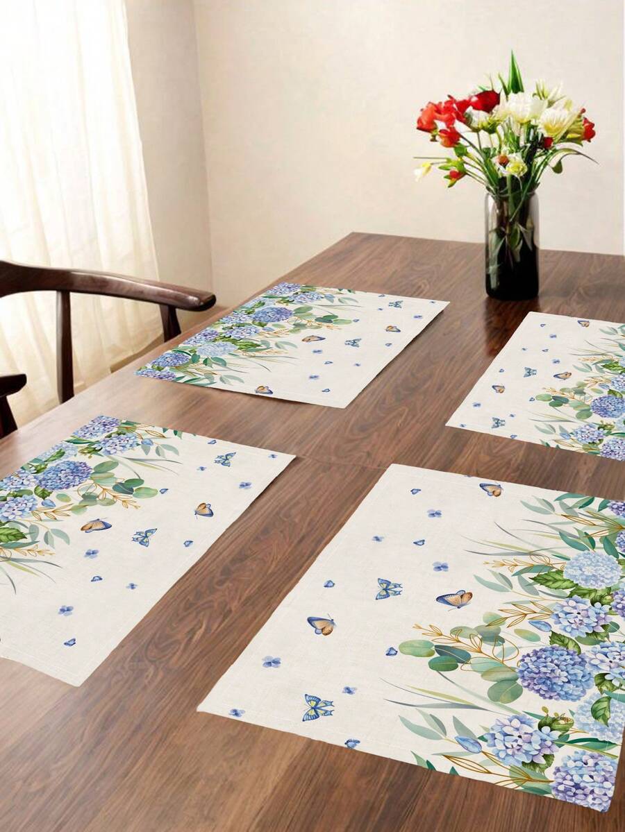 2/4/6 Piezas Manteles individuales rectangulares resistentes al calor con estampado de Hortensias, Mariposas, Limones, Fresas y Manzanas, en estilo rústico para el hogar, cocina, comedor y fiestas - Beis - Ver 1