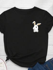 Women's T-Shirt With Bunny Print, Short Sleeve, Round Neck, Loose Fit, Women's T-Shirts, Clothing, Tops, Women's T-Shirts - 黑色 - 查看 6