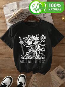 Camiseta de Algodón 100% con Diseño Medusa Moderno para Mujer Estilo Urbano Casual Mujer México - Negro - Ver 12
