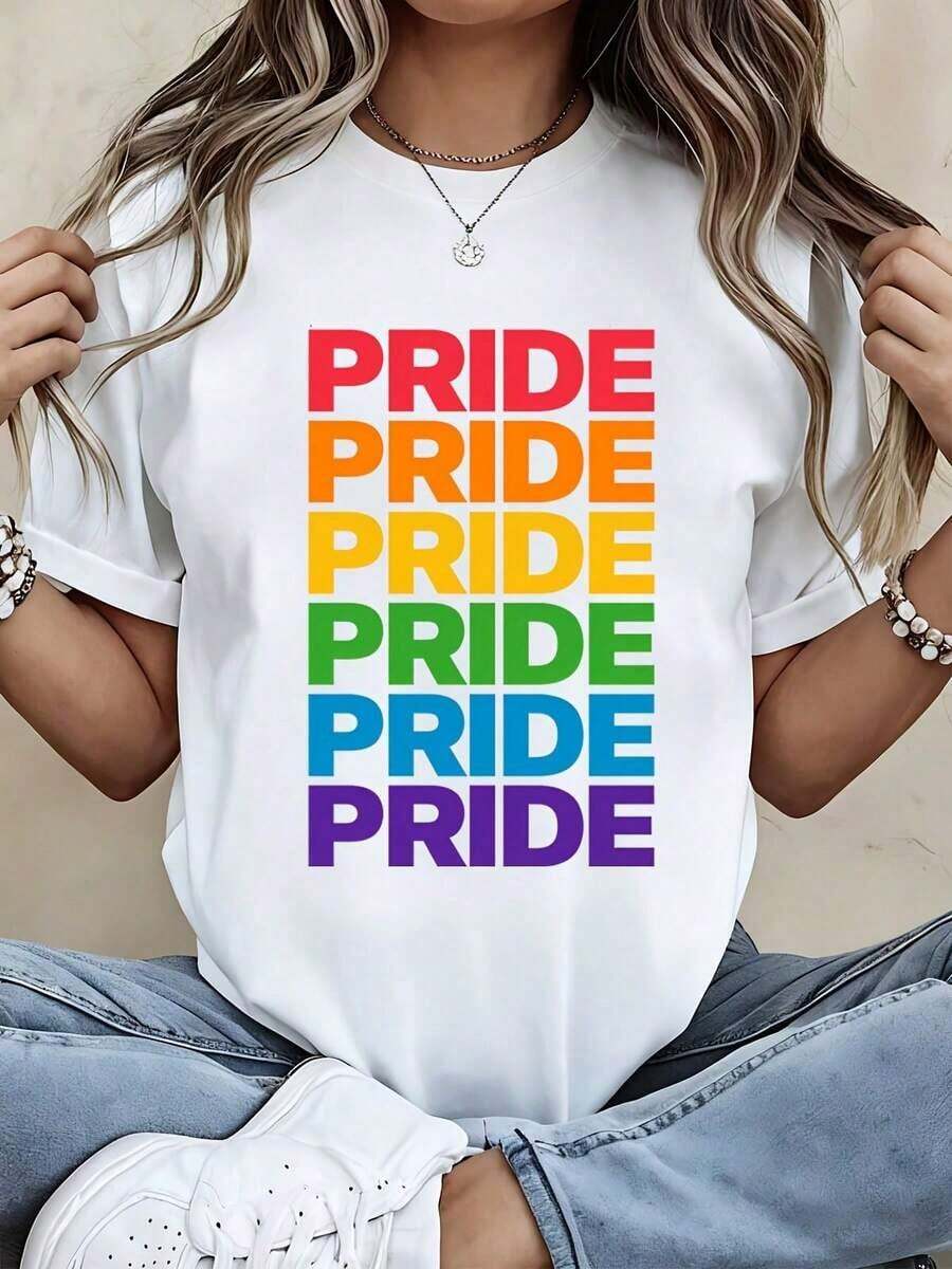 Camiseta Pride con Estampado de Texto Rainbow Pride, Ropa Casual para Uso Diario y Actividades Deportivas - Estilo Urbano Vintage, Unisex, de Algodón, Manga Corta, Cuello Redondo, 100% Algodón - Blanco - Ver 1