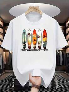 Camiseta casual unisex de moda, de manga corta y cuello redondo para uso diario, con un estilo vintage de cultura surfista que presenta cinco tablas de surf coloridas (cada una con un diseño de playa tropical, palmera y sol) y un estampado creativo que crea una atmósfera de vacaciones en una isla de verano. Conjuntos de Verano para Mujer, Blusas, Tops de Verano, Camisas, Ropa de Verano, Conjuntos de Vacaciones para Mujer, Ropa de Uso Diario, Estilo Clásico Sencillo, Moda para Todas las Temporadas - Blanco - Ver 1
