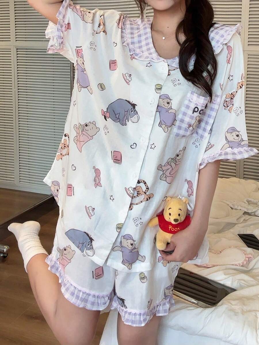 Gongdie Disney 迪士尼女士睡衣套装两件套，夏季纯棉短袖睡衣套装，柔软淡紫色格子滚边睡衣，可爱维尼图案带口袋家居服 - 白色 - 查看 1
