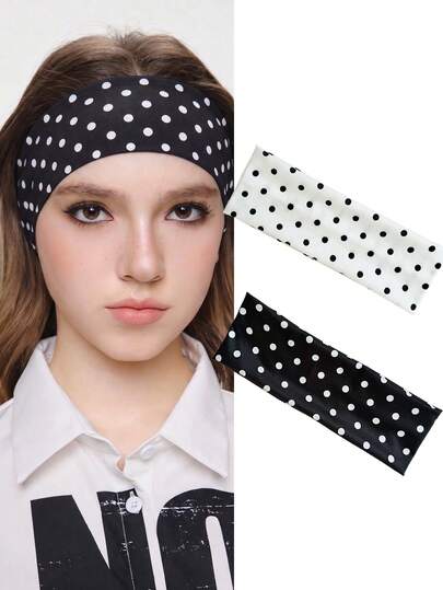 2 Pcs Polka Dot Headbands For Women, Wide Turban Headwraps Retro Vintage Hair Accessories, Soft Stretchy Non-Slip Headbands For Yoga Workout Daily Wear, Black And White Summer Beach Headbands