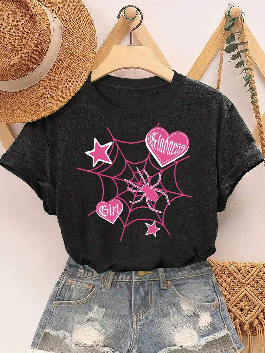 Una camiseta de manga corta para mujer, moderna, a la moda, retro y de corte holgado, adecuada para actividades al aire libre en primavera y verano.Camiseta de manga corta para mujer, estilo europeo y americano, de gran  en primavera/verano para el Día de San Valentín: estampado de telaraña en forma de corazón, estilo urbano a la moda, camiseta deportiva casual versátil, de cuello redondo.El material holgado y cómodo es ideal para actividades al aire libre en verano, un regalo ideal para chicas.blusas para mujer,blusas casuales para dama,tops,, mujer premium,y2k,playeras de mujer curvy,ofertas y liquidaciones ropa mujer,playeras deportivas para mujer,,playeras de hombre, mujer,blusas>elegante GDZX - Negro - Ver 1