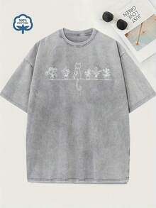 Camiseta de Algodón Lavado Vintage Estampada para Hombre y Mujer - Algodón Grueso de 230g, Cuello Redondo, Manga Corta, Estilo Urbano Vintage, Lavable a Máquina, Ropa Casual para Primavera y Verano, Camiseta de Corte Holgado - Gris - Ver 1