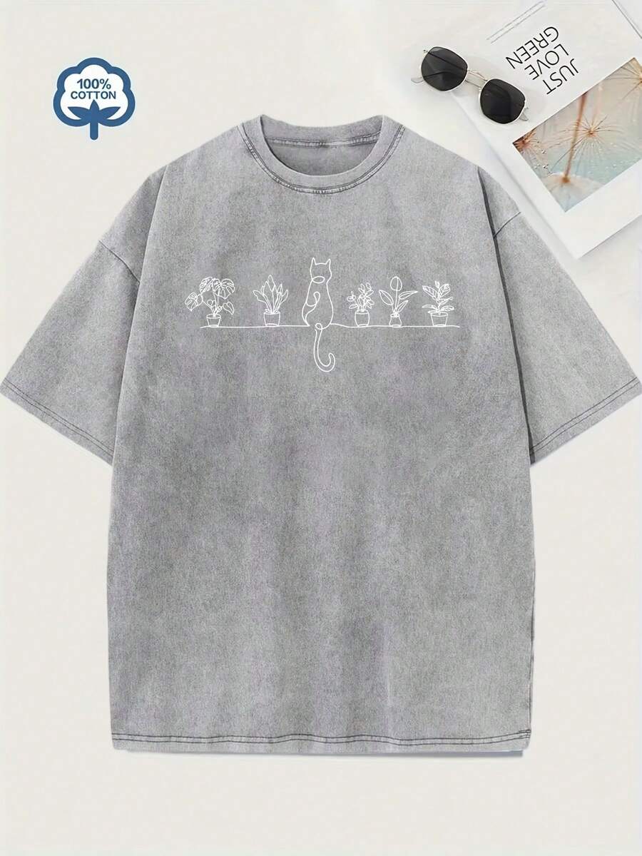 Camiseta de Algodón Lavado Vintage Estampada para Hombre y Mujer - Algodón Grueso de 230g, Cuello Redondo, Manga Corta, Estilo Urbano Vintage, Lavable a Máquina, Ropa Casual para Primavera y Verano, Camiseta de Corte Holgado - Gris - Ver 1