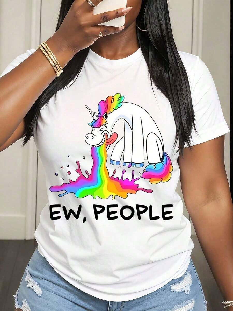 Camiseta Casual de Manga Corta para Mujer con Estampado de Unicornio, Arcoíris y "Ew People" para Uso Diario y Salidas Divertidas - Blanco - Ver 1