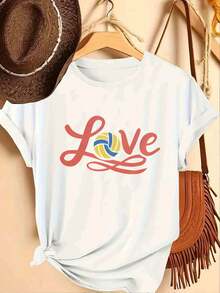 Camiseta de mujer 1 pieza con estampado de patrón de voleibol y letras de amor, moderna y a la moda, estilo vibrante, corte holgado, lavable a máquina, suave y duradera, camiseta casual de manga corta con cuello redondo para mujer, ideal para deportes, actividades al aire libre y uso diario. - Blanco - Ver 1