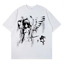 Camiseta de manga corta con estampado de Ángel Retro para mujer, camisetas informales holgadas de algodón de talla grande Harajuku para mujer, ropa femenina - Blanco - Ver 1