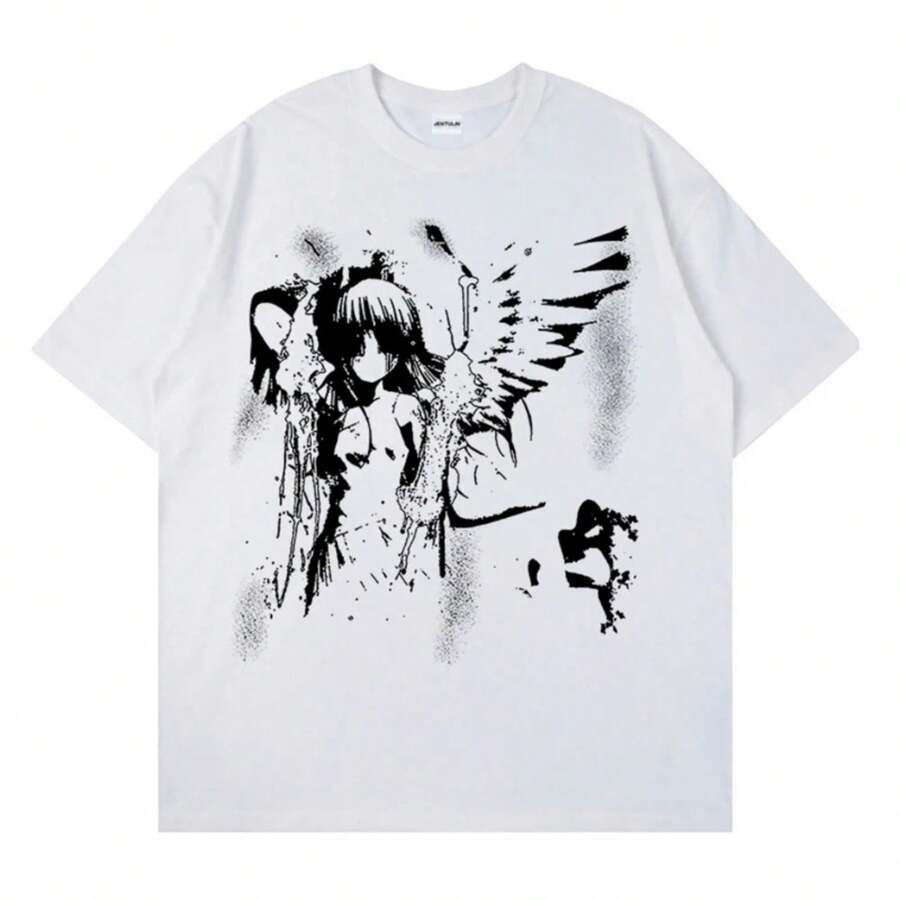 Camiseta de manga corta con estampado de Ángel Retro para mujer, camisetas informales holgadas de algodón de talla grande Harajuku para mujer, ropa femenina - Blanco - Ver 1