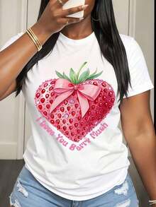 Camiseta de Mujer con Estampado de Corazón de Fresa, Lazo Rosa y Texto 'I Love You Berry Much', Ropa Casual de Verano para Mujer - Blanco - Ver 6