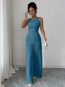 Mono elegante de mujer con decoración de lazo en el hombro, tela de jacquard, cintura ceñida, pierna ancha, adecuado para el uso diario - Agua verde azul - Ver 6