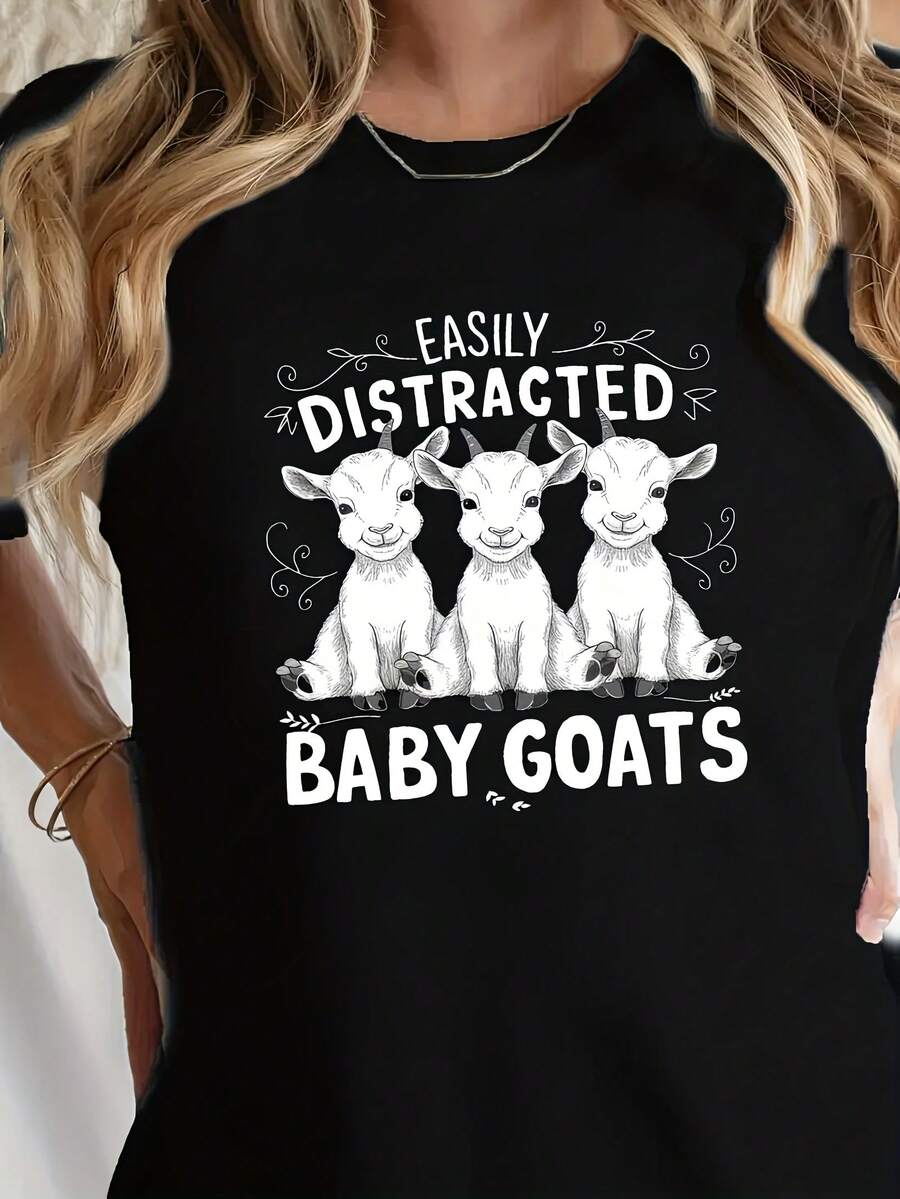 Camiseta casual de manga corta con cuello redondo y estampados, perfecta para el verano y la primavera, diseñada para mujeres. - Negro - Ver 1
