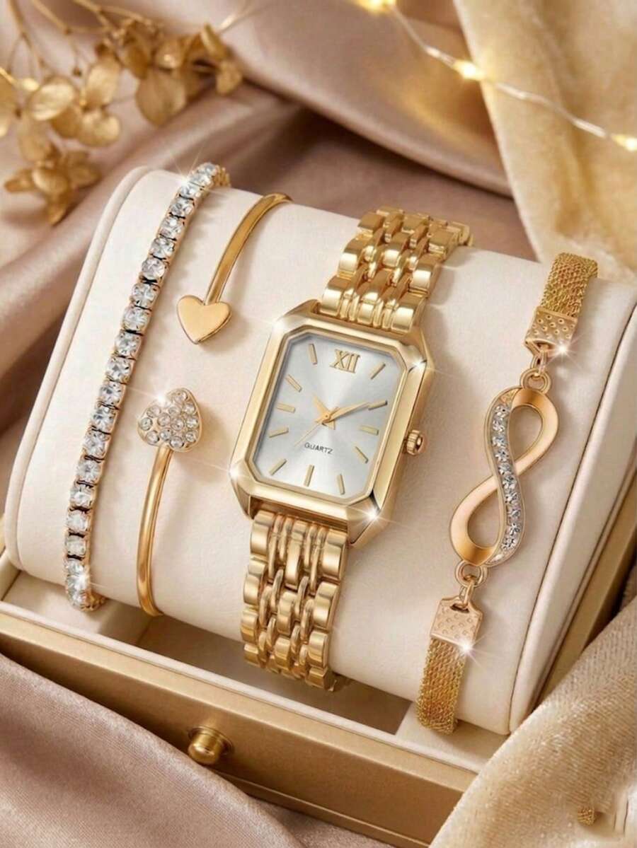 JasonRolls 4PCS/Set, Elegant Ladies' Watch, Simple, Luxurious And Fashionable Square Dial With Unique Design Style, Alloy Material Strap, Including Three Alloy Diamond Studded Bracelets, Suitable For Daily Decoration, Holiday Parties, Back To School Season, Weddings And Other Occasions, Or As The Best Holiday Gift For Friends - Multicolor - View 1