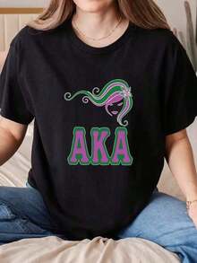 100% algodón puro, camiseta de mujer unisex con diseño de la hermandad AKA y gráfico de cabello colorido, camiseta de cuello redondo con temática AKA para eventos universitarios, fiestas y u - Negro - Ver 7
